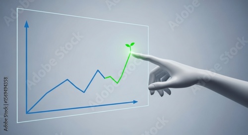 Future Business Growth and Sustainable Development Hand Interacting with Digital Graph Displaying Upward Trend and Sprout Symbolizing Strategic Investment.