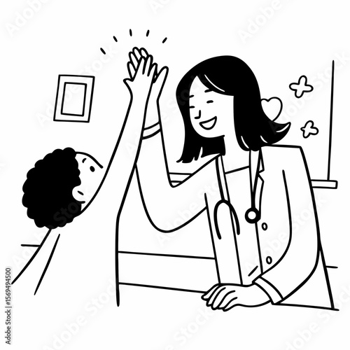 Smiling female doctor give high five to little biracial patient