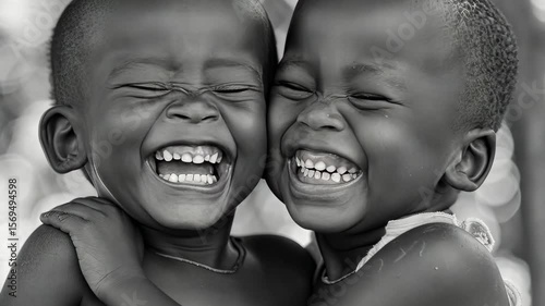 Joyful children laughing together in a warm embrace under bright sunlight in a serene outdoor setting