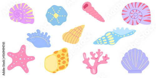 collection of sea shells, corals and starfish in flat illustration style