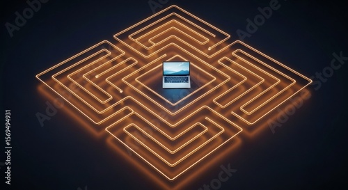 Intricate Digital Path A Laptop Centered Within a Luminous Orange Circuit Maze, Symbolizing Complex Network Connectivity, Data Flow, and Problem Solving in Technology.