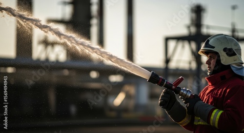 Firefighter man in red suit directing powerful water stream from hose nozzle
