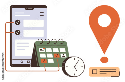 Smartphone, calendar with checkmarks, clock, and location pin representing task management, scheduling, and efficiency. Ideal for productivity, goal planning, time management reminders deadlines
