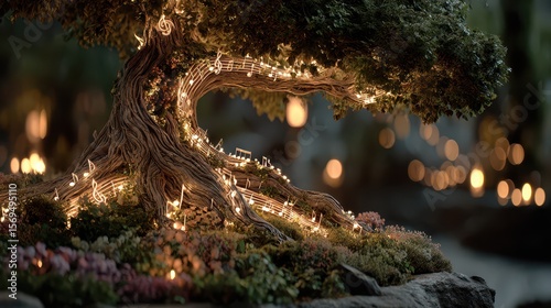 Whimsical musical trees enchanted atmosphere in forest at night