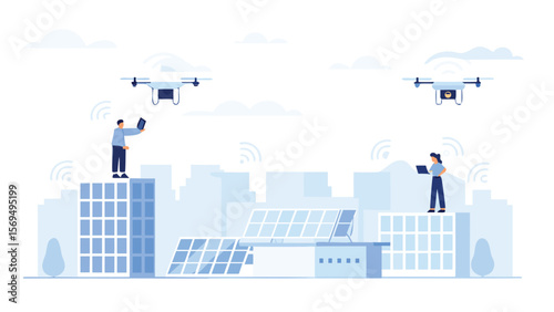 Drones flying over city buildings with solar panels and people using laptops and tablets on rooftops