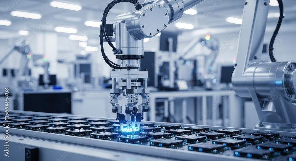 Fototapeta premium Industrial robotic arm assembling electronic components on a conveyor belt in a modern factory