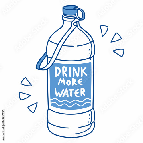 Blue outlined water bottle with drink more water text white background hydration