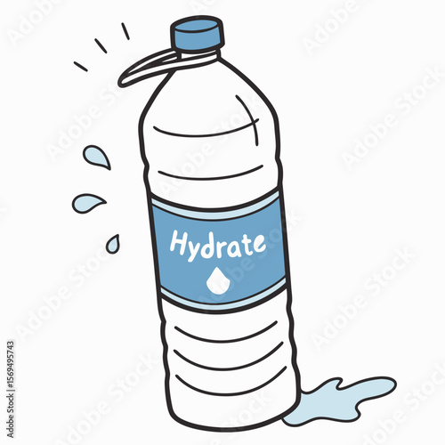 Blue capped plastic bottle with hydrate label and water splashes water bottle liquid