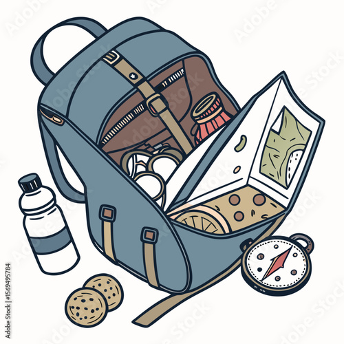Blue backpack with provisions and navigation tool brown beige