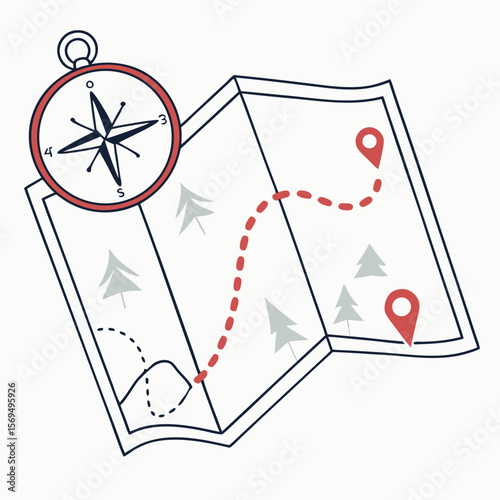 Compass map with dotted trail and pin markers route navigation