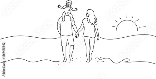 Family Bonding on the Beach A Heartwarming Walk into the Sunset Togetherness and Love Captured in Simple Lines