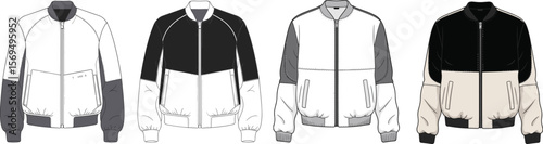  Technical flat sketches and colored renders of men's color-block bomber jackets, ideal for fashion design, apparel mockups, and streetwear concepts.
