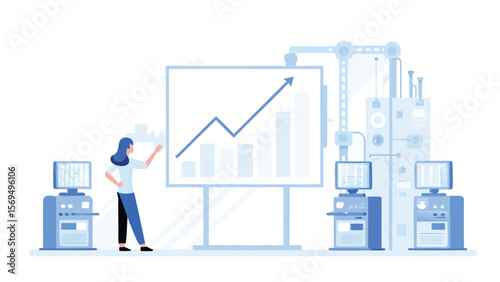Woman presenting a growing chart on a whiteboard next to a complex machine and computer systems