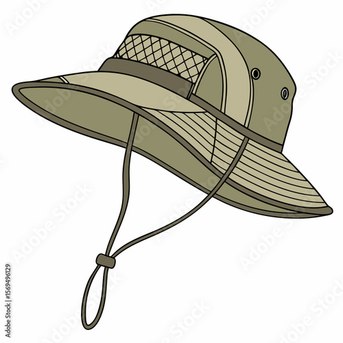Khaki bucket hat with chin strap and mesh detail olive green brown trim