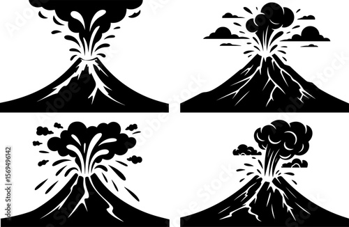 Group of volcano eruption with lava silhouette vector and illustration
