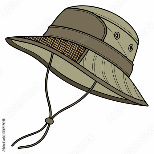 Khaki bucket hat with mesh and chin strap olive green brown