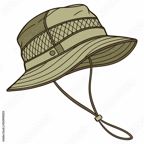 Khaki bucket hat with chin strap and patterned band outdoor adventure
