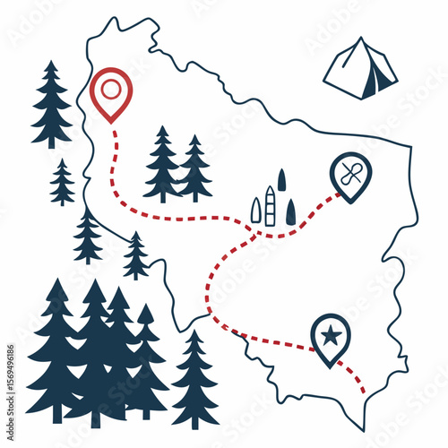 Map with trail and trees route destination