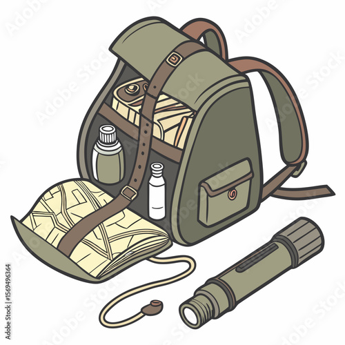Olive green backpack with map water bottles and flashlight gear