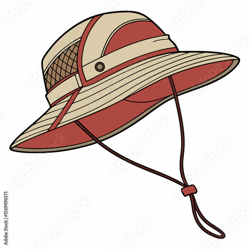 Pith helmet with red and tan panels and chin strap safari hat sun hat