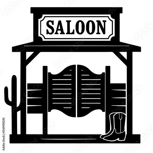 Rustic Western Saloon Silhouette – Black and White Vector with Swinging Doors