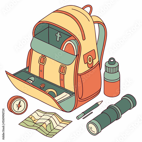 Yellow backpack open with travel gear including map compass telescope water bottle and pen vector