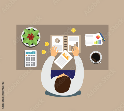 Top View Accountant Working at the Office Table Flat Style. White collar work and managing CEO company finances vector art