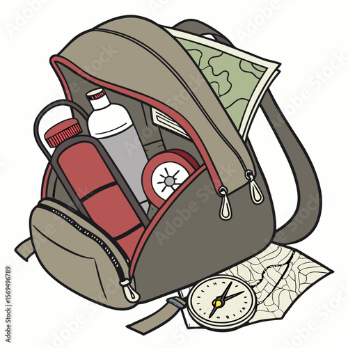 Backpack with camping gear and maps supplies