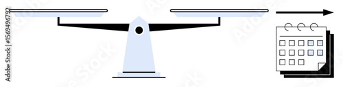 Balanced scale with horizontal platform and calendar in the background suggests decision-making, balance, and management. Ideal for productivity, planning, time optimization, fairness, scheduling