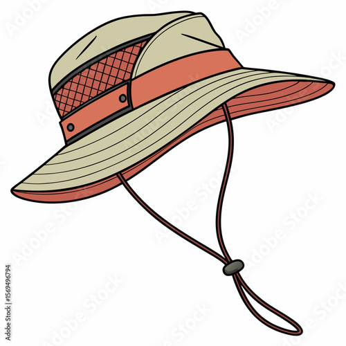 Beige and coral hiking hat with chin strap outdoor apparel