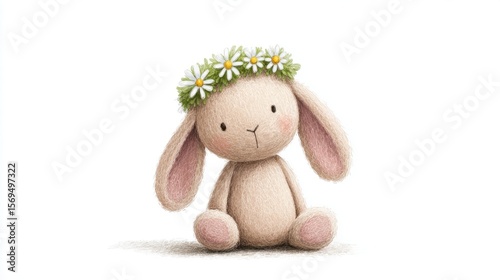 Cute plush bunny with flower crown on white background