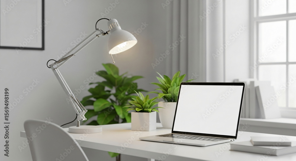 Fototapeta premium Laptop with empty white screen on a clean white desk, concept for minimalist home office setup and remote work.