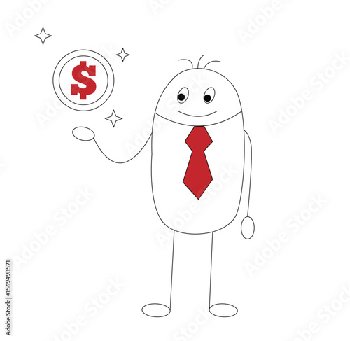Happy Hand Drawn Business Man Stick Character Showing Dollar Coin. People doing business and earning money vector art