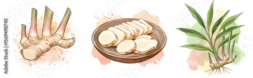 Three stages of galangal root whole sliced and plant with leaves on a watercolor splash design element on transparent background