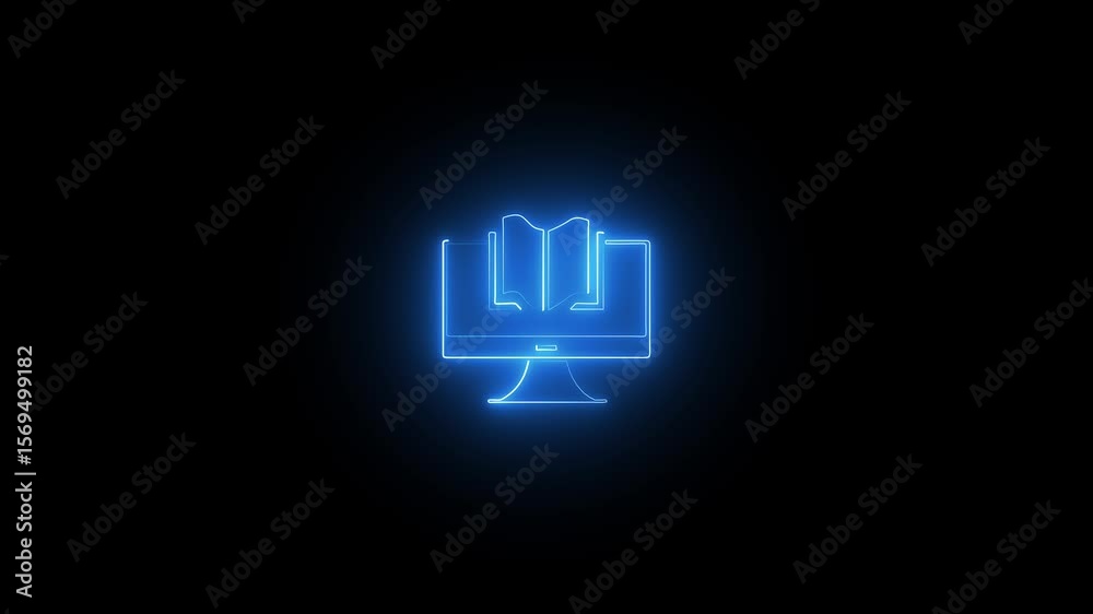 Neon style computer screen with code and book animated on a black background