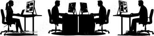 Business People Working on Dual Monitors Silhouette
