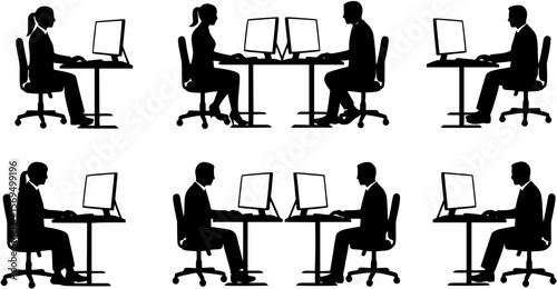 Business People Working on Dual Monitors Silhouette
