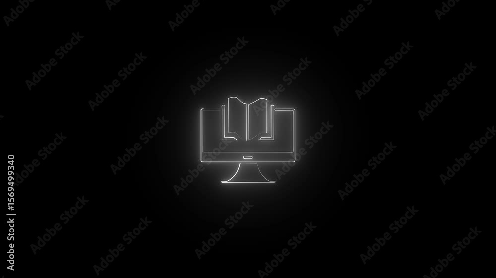 Neon style computer screen with code and book animated on a black background
