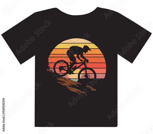 Silhouette of a mountain biker riding downhill against a colorful sunset with horizontal stripes representing a retro vintage style graphic