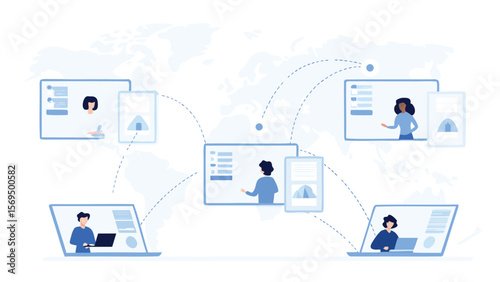 Global network connecting people through video conferencing on various devices shown in light blue tones