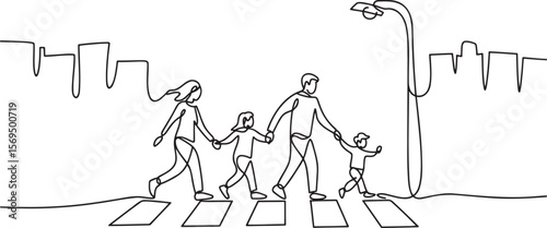 Continuous Line Drawing of a Family Happily Crossing a Crosswalk Together Under a Street Lamp in the City