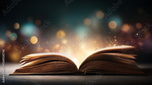 Ancient magical book with open pages glowing in dark background surrounded by dreamy abstract bokeh lights, symbolizing fantasy literature, storytelling, mystery, and imagination in fairytale concept