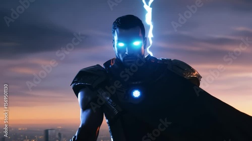 Superhero glowing eyes and lightning effect montage