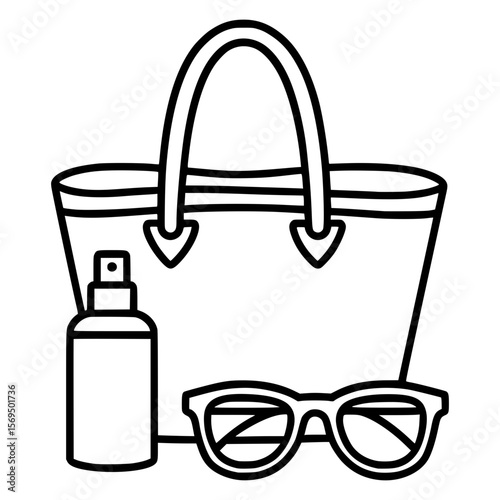 Beach Essentials Line Art Icon – Tote Bag, Sunscreen Bottle, and Sunglasses Illustration