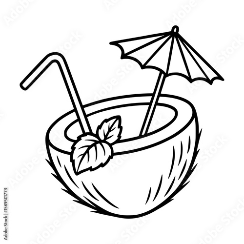 Coconut Drink Line Art Icon – Tropical Beverage with Straw, Umbrella, and Mint Leaf