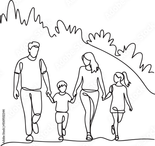 Continuous Line Drawing of Family Walking in Nature Happy Family Outing Togetherness and Simplicity with Minimalist Style