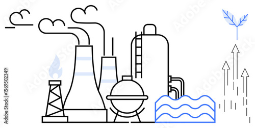 Factory with chimneys, oil rig, waves, and clean energy icon. Ideal for industry, energy, environment, sustainability technology pollution climate change. A simple flat metaphor