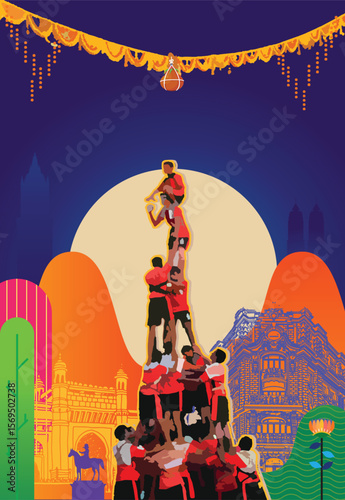 Abstract illustration of a traditional Indian festival celebration featuring Dahi Handi, a Dahi Handi celebration in Maharashtra, Mumbai, with youth forming a human pyramid under festive decorations.