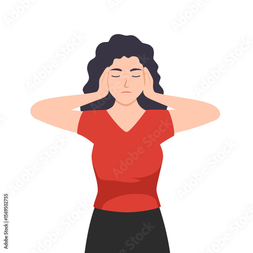 girl not listen earplugs, red shirt. Are doing gestures. Frustrated, displeased, face sullen with bad emotions. Cartoon character illustration Isolated vector on a white background.
