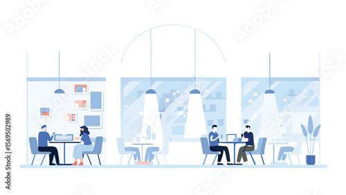 People sitting at tables in a cafe with large windows and modern decor enjoying their time indoors casually